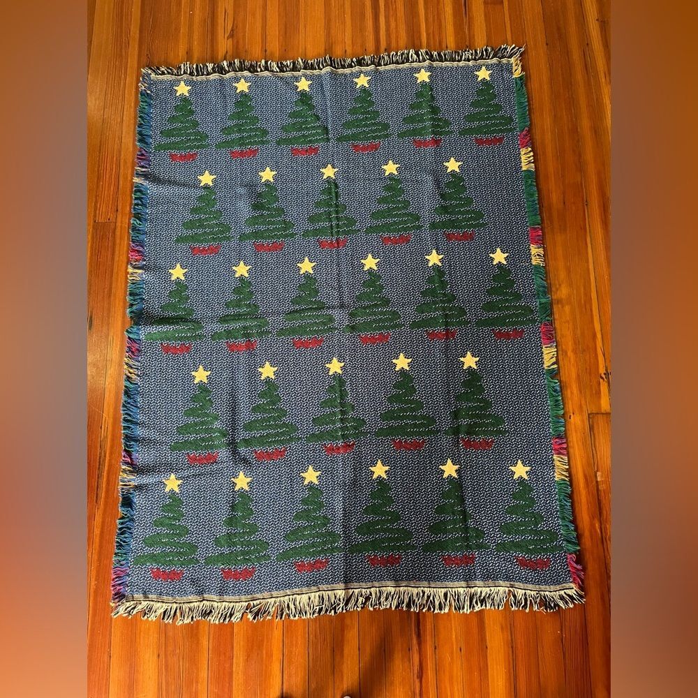 Vintage Christmas Tree Throw Afghan Tapestry Wall Hanging Holiday 65 In X 48 In